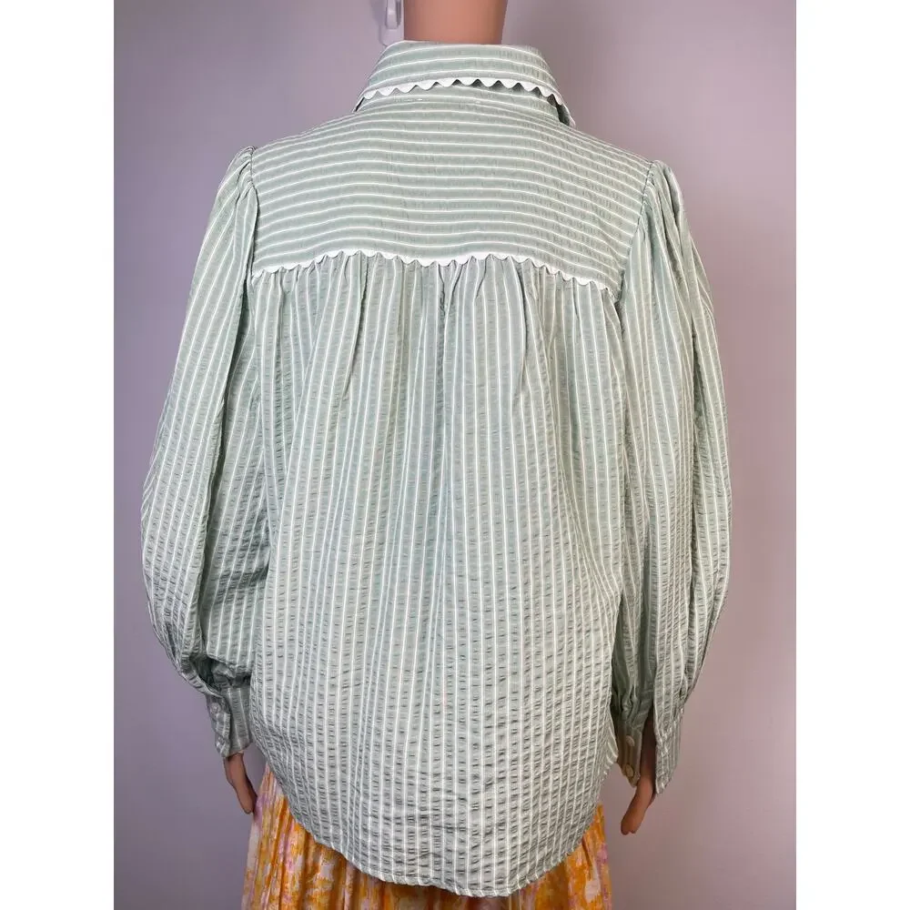 Entro sage green striped blouse L scalloped collar button front cotton blend - Picture 6 of 15